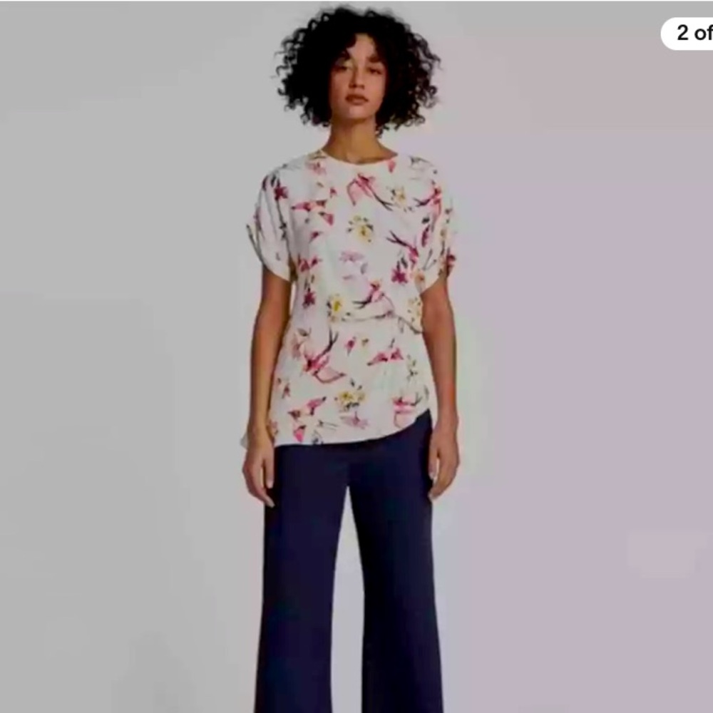 Zara Bird Print Drape‎ Short Sleeve Blouse